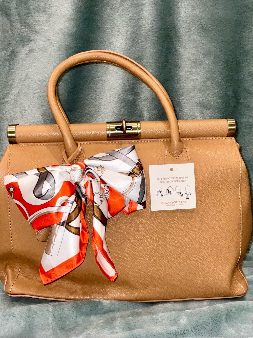 Tan Leather Top-Handle Bag with Decorative Scarf